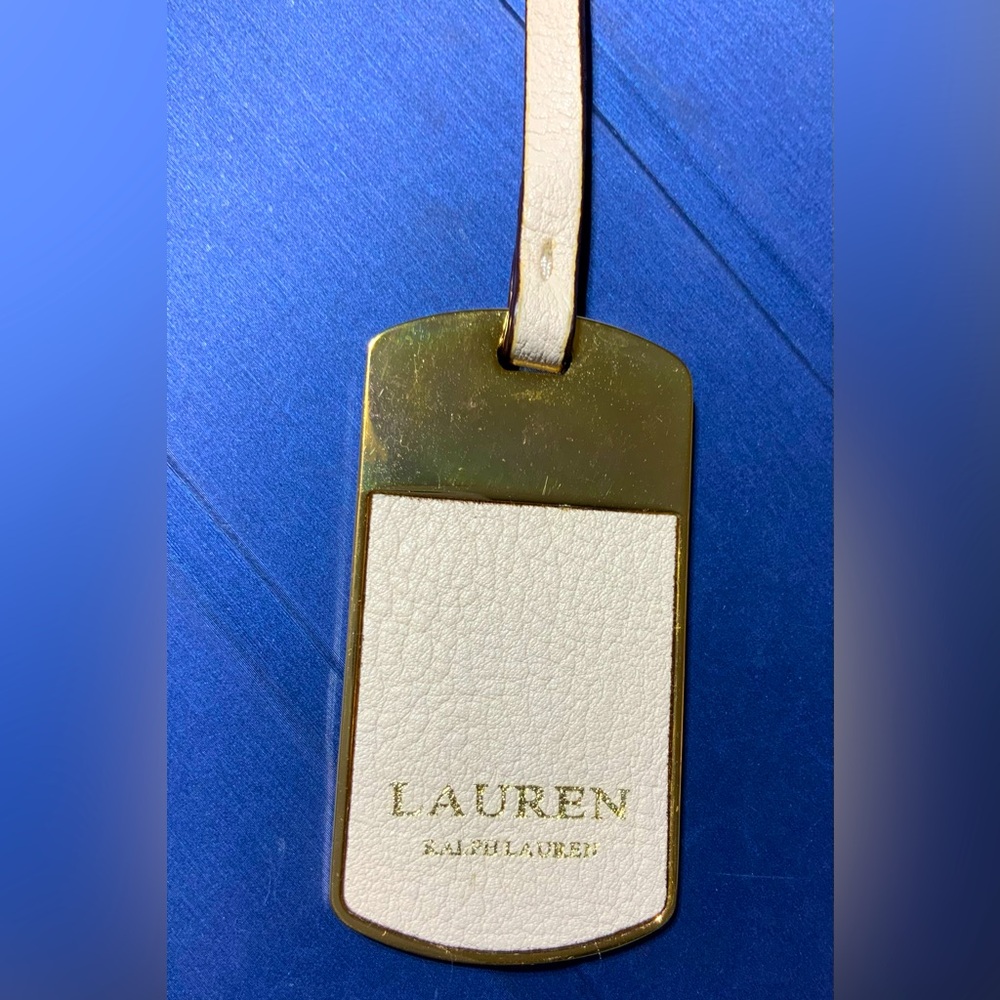 RALPH LAUREN White Leather Gold Tone Metal KEY FOB BAG CHARM KEYCHAIN HANG TAG